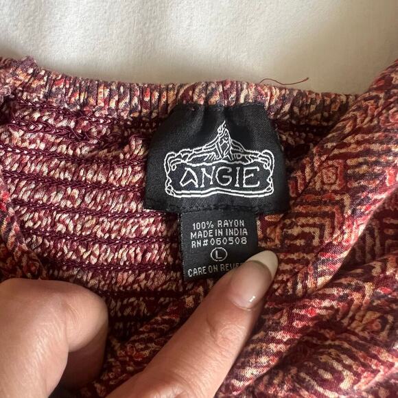 Angie Women's Boho Twist Keyhole 3/4 Sleeve Mini Dress Red Brown Size Large - Picture 5 of 9